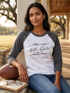 District made white and gray raglan baseball T with text.  M